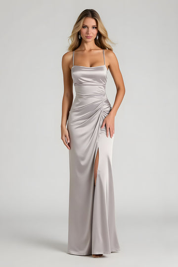 Silver Sheath Satin Maxi Bridesmaid Dress With Slit